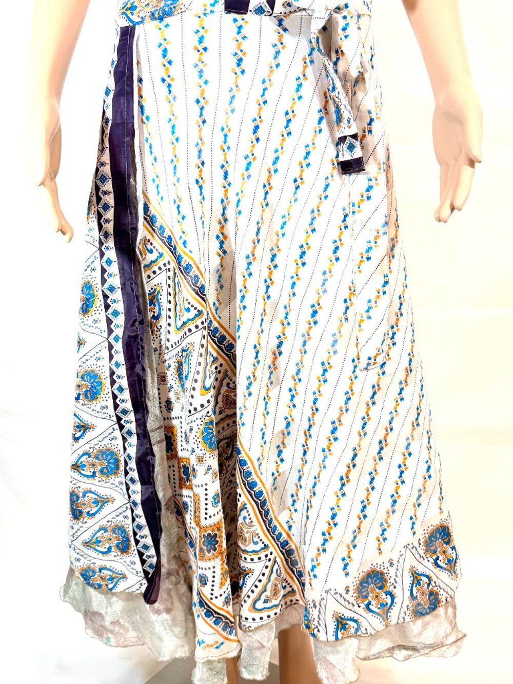 Henna 100% Silk Wrap Skirt In Royal Blue, Golden Yellow White and Gray-One Size - Picture 1 of 14